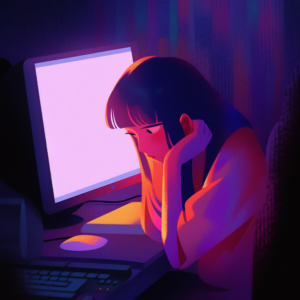 PCを前に悩む女性
